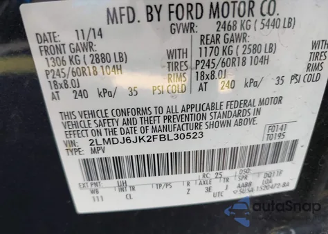 2015 Lincoln Mkx из США, поврежденный, VIN 2LMDJ6JK2FBL30523